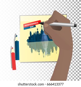 Independence Day United States. The fourth of July. Hand hold marker and draw on sticker. A statue of liberty and a city of new york with skyscrapers. Illustration for your design. vector.