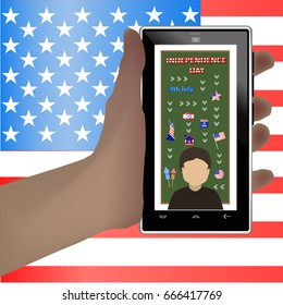 Independence Day United States. The fourth of July. Symbolism of america. Hat,  fireworks and rockets, calendar, house. Smart phone hold in hand. Against the background of the American flag