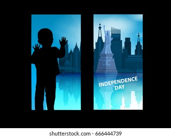 Independence Day United States, the fourth of July. The concept of patriotism. The boy is looking out off the window at the city New York. A statue of freedom and skyscrapers with reflection in the water