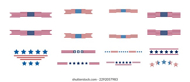 Independence Day United States frames and dividers. USA flag illustration, decorations - border lines. Memorial Day, traditional patriotic US icons for American national holiday. Veterans day USA set.