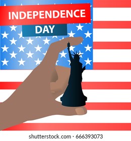 Independence Day United States. Hand holding a chess piece. A statue of freedom, the queen on the background of the American flag with the inscription. Illustration for your design. vector.