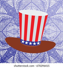 Independence Day United States. The hat of the Cylinders with the American flag coloring. On a patterned background from a hand drawing. Square vector illustration for your design.