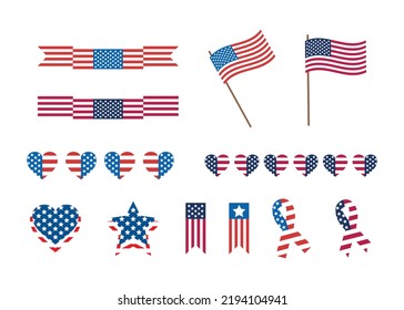 Independence Day United States icons. USA flag illustration, sign or symbol, badges. Labor Day, traditional patriotic US icons for American national holiday. Patriot day USA set.