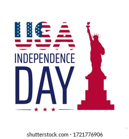 El día de la independencia en Estados Unidos es el 4 de julio. Imagen vectorial de la bandera estadounidense, la estatua de la Libertad y la ciudad de Nueva York.  Fiestas públicas americanas. Cartel, logotipo, postal y noticias.