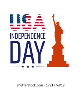 Independence day in the United States is July 4. Vector illustration of the American flag, the statue of Liberty, and new York city.  American public holidays. Banner, logo, postcard, and news feed.