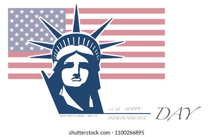 Independence Day of the United States. New York Sculpture. Statue of Liberty. Flag. National Symbol of America. Illustration, white background. Presentation, corporate report, postcard, logo, vector