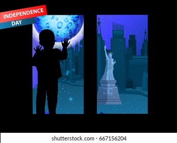 Independence Day United States. The patriotism of the child looking out the window. Illustration for your design.