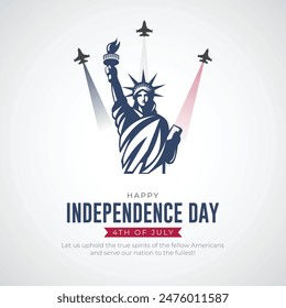 Independence Day of United States Post and Greeting Card. Modern and Minimal USA Independence Day Celebration with Text and Statue of Liberty Vector Illustration