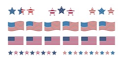 Unabhängigkeitstag Der Vereinigten Staaten: Sterne Und Trenner. USA Flagge Illustration, Dekorationen - Grenzlinien. Gedenktag, Traditionelle Patriotische US-Symbole Für Den Amerikanischen Nationalfeiertag. Veteranen Tag USA Gesetzt. 