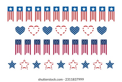 Independence Day United States stars and hearts dividers. USA flags illustration, decorations - border lines. Memorial Day, US frame for American national holiday. Veterans day USA set. Bunting flags.