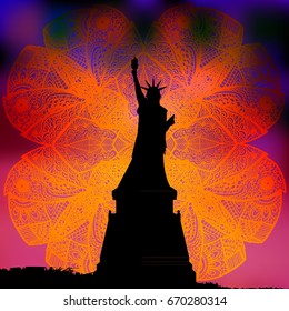 Independence Day United States. Statue of freedom on patterned flower background from hand drawing vector illustration for your design red sky.