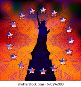 Independence Day United States. A statue of freedom is serene on a peach patterned background from a hand drawing. square. Star coloring the American flag in a circle. Vector illustration