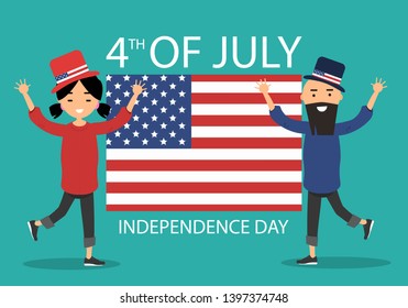Independence Day United States.Young characters in hats with American symbols celebrate the holiday.Flat cartoon design
