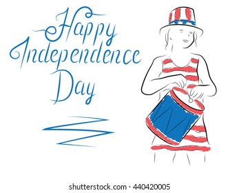 independence day. US Independence Day, 4 July. Girl with a drum, colored pencil in the American flag colors. Pencil drawing on US holiday