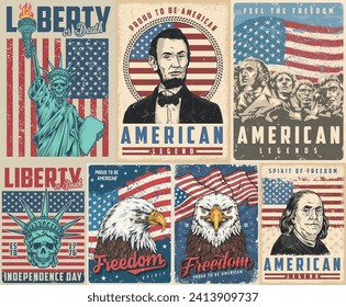 Independence day US set stickers colorful Franklin and Lincoln near grunge flags and bald eagle or Rushmore rock vector illustration