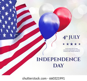 Independence day of USA 4 july . Vector illustration with USA flag, balloons and text