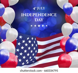 Independence day of USA 4 july . Vector illustration with USA flag, balloons and text
