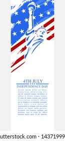 Independence day of the USA 4 th july. American flag colors paint stroke with illustration of liberty. Happy independence day, vector lllustration. Suitable for greeting card, poster and banner.