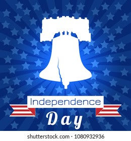 Independence Day of the USA. 4th of July. Concept of holiday. Liberty Bell. Tape, event name, rays from the center, stars