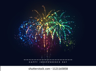 Independence Day USA. 4th of July national holiday, greeting card, banner illustration poster. Background colorful realistic fireworks.