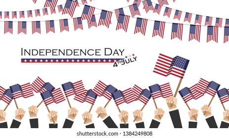 Independence day of USA ( 4th July ) . Many people hold and raise up waving america flag and bunting flags above them . Flat design . Vector .