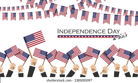 Independence day of USA ( 4th July ) . Many people hold and raise up waving america flag and bunting flags above them . Flat design . Vector .