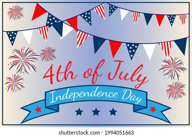 Independence day of USA. 4th july american freedom colorful blue, white, red fireworks promotional banner template with blue background