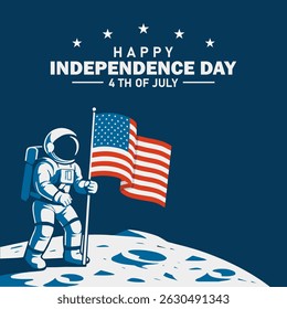 Independence Day USA - 4th of July - Astronaut planting the American flag on the Moon, symbolizing patriotism and space exploration. Happy Independence Day text. Vector Illustration.