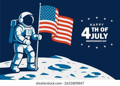 Independence Day USA - 4th of July - Astronaut planting the American flag on the Moon, symbolizing patriotism and space exploration. Happy Independence Day text. Vector Illustration.