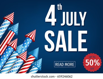 Independence  Day of  the USA. 4th of  July  sale banner  with  firework  rockets  on blue background. Up  to 50% off. Vector  template  for poster, discount flyer or party invitation  design.