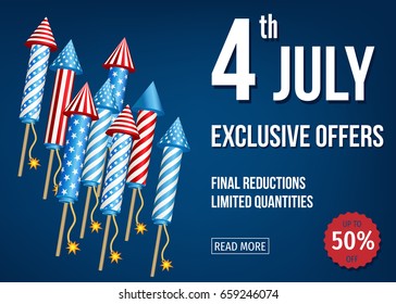 Independence  Day of the USA. 4th of  July  sale banner  with  firework  rockets  on blue background. Exclusive  offers. Vector  template  for poster, discount flyer or party invitation  design.