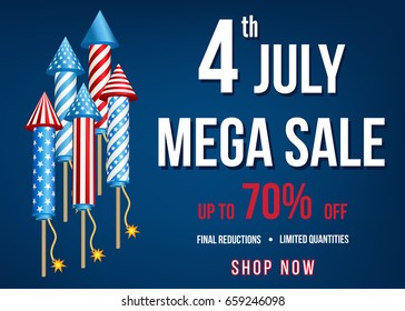 Independence  Day of the USA. 4th of July  mega  sale banner  with  firework  rockets  on blue background. Up  to 70% off. Vector template  for poster, discount flyer or party invitation  design.