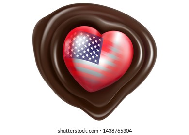 Independence day of the USA, American flag on red heart chocolate icon. Realistic vector 3D illustration. Of free space for your texts and Branding