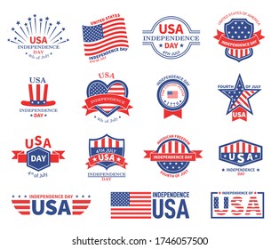 Independence day usa. American flag, patriots celebrate freedom. Patriotic national celebration badges. United states festive vector labels