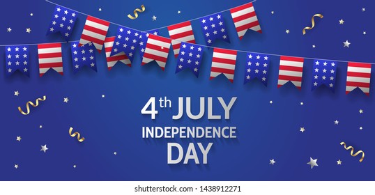 Independence Day in USA banner design with american flags decoration and confetti on blue background. 4th July. - Vector