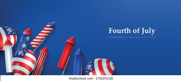 Independence day USA banner template rockets for fireworks and balloons background.4th of July celebration poster template.fourth of july vector illustration .