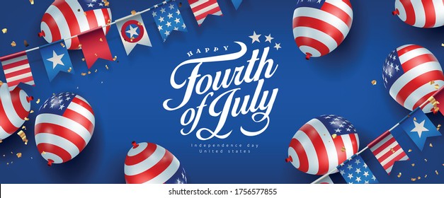 Independence day USA banner template american balloons flag and flags Garlands decor.4th of July celebration poster template.fourth of july vector illustration .