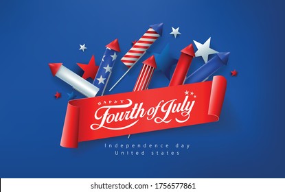 Independence Day USA Banner Template Rockets For Fireworks Background.4th Of July Celebration Poster Template.fourth Of July Vector Illustration .