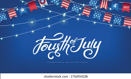 Independence day USA banner template american flags Garlands and Glowing lights decor.4th of July celebration poster template.fourth of july vector illustration .