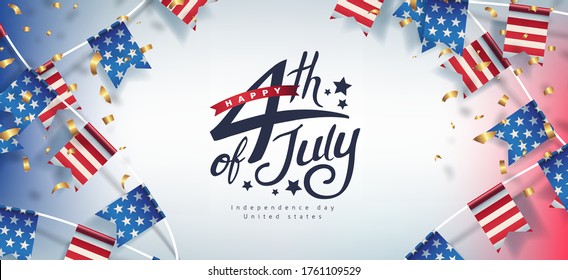 Independence day USA banner template american flags Garlands decor.4th of July celebration poster template.fourth of july calligraphy vector illustration .