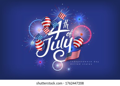 Independence day USA banner template american balloons flag and flags Garlands decor.4th of July celebration poster template.fourth of july calligraphy vector illustration .