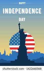 Independence Day USA card. American background for promotional flyer with silhouette of the Statue of Liberty and evening city skyline. Concept banner with national flag colors.