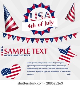Independence Day USA Card with Monogram, Party Hat, Flag, Star, Heart and Sample Text
