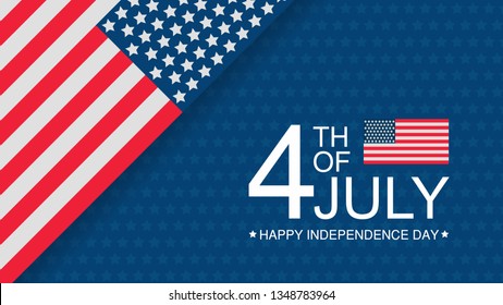 Independence day USA celebration banner template with american flag flat decor on background in red, white and blue colours. 4th of July holiday poster template. Vector illustration.