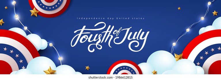 Independence day USA celebration banner with festive decoration american on cloud sky. 4th of July poster template. 