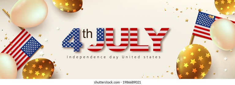 Independence day USA celebration banner with balloons and Flag of the United States. 4th of July poster template. 