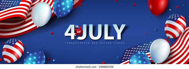 Independence day USA celebration banner with american balloons and Flag of the United States. 4th of July poster template. 