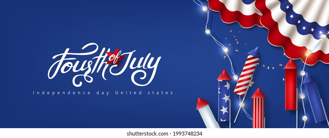 Independence day USA celebration banner with festive decoration american. 4th of July poster template. 