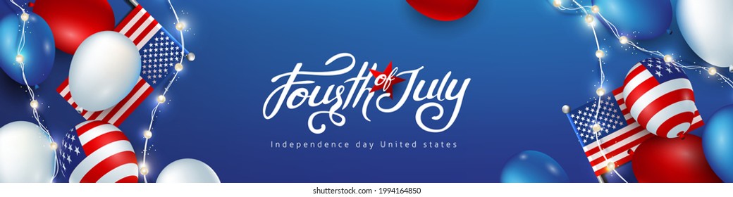 Independence day USA celebration banner with american balloons flag. 4th of July poster template. 