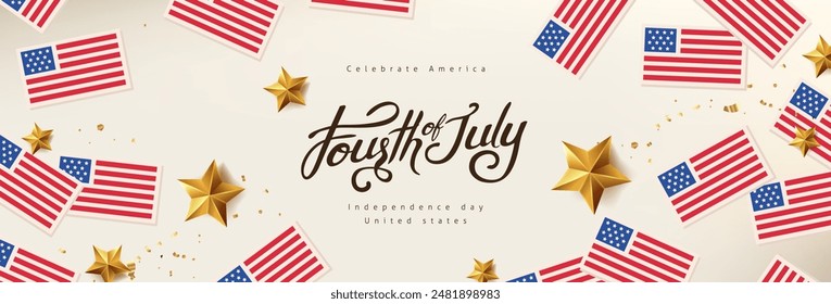 Independence day USA celebration banner background with Realistic gold stars and United States of America minimal flag. July 4th Independence day USA celebration banner template.